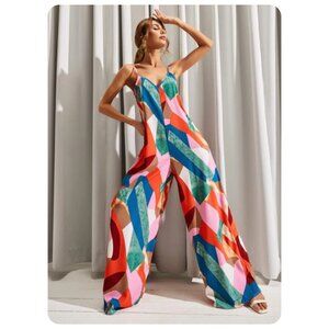 !! Luukse MultiColor Spaghetti Strap Artsy Jumpsuit sz L